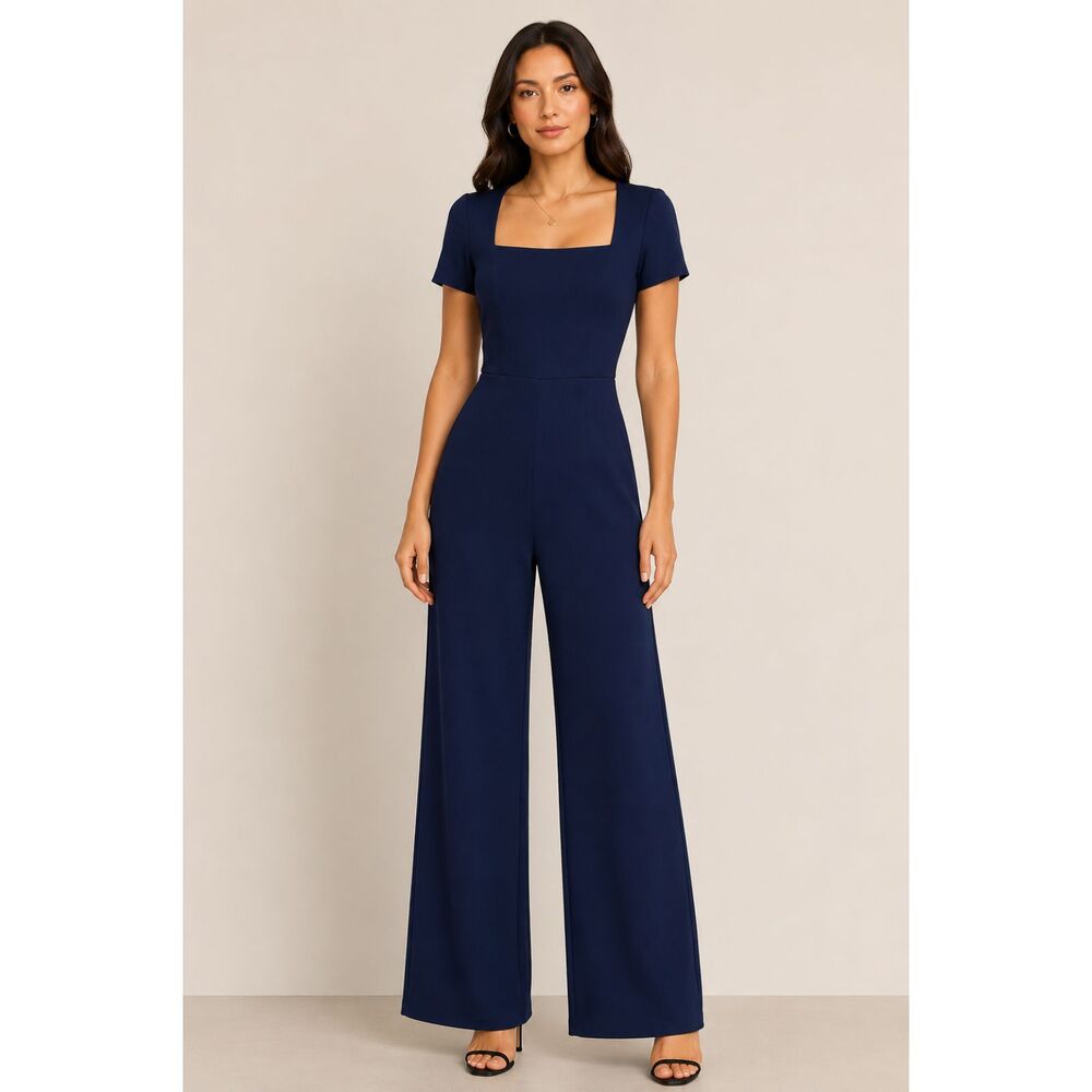 Women's Navy Blue Square Neck Wide Leg Jumpsuit Size Large Made in USA